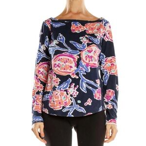 Lilly Pulitzer Long Sleeve Boat Neck Pocket Front Top Navy Pom Pom Print Large